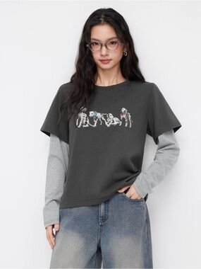 Cider Charcoal Layered-Look Long Sleeve Tee with Dalmatian Graphic